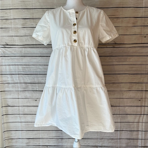Madewell Button-Front Short-Sleeve Tiered Mini Dress In Lighthouse - Picture 3 of 11
